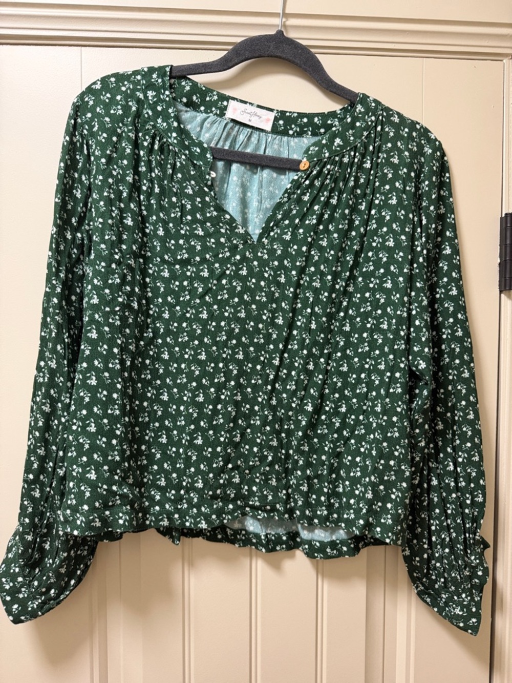 SweetHoney Dark Green Floral V-Neck Long Sleeve Blouse